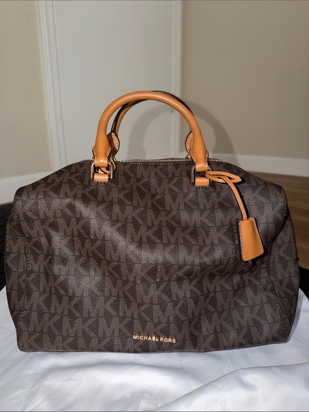 Michael Kors Brown MK Monogram Bag with Tan Leather Trim